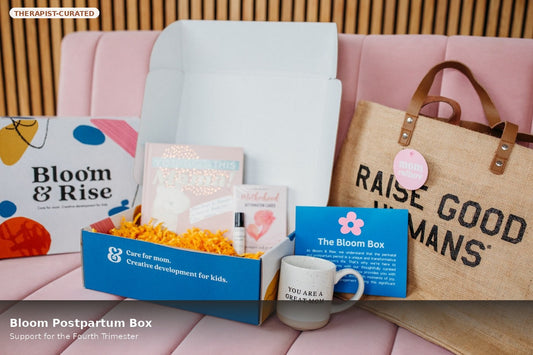 Bloom Postpartum Box with new mom care items, mug and tote bag by Mama's Dream