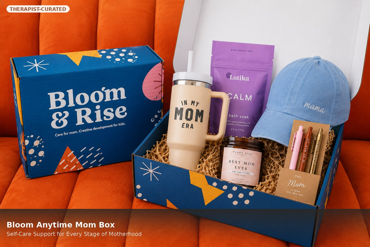Bloom & Rise Anytime Mom gift box with tumbler, cap, candle and bath soak by Mama's Dream