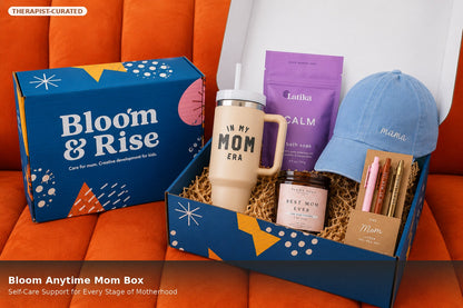 Bloom & Rise Anytime Mom gift box with tumbler, cap, candle and bath soak by Mama's Dream