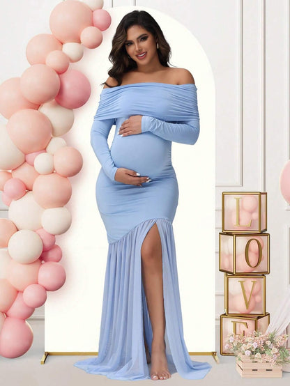 Light blue off shoulder maternity mermaid dress with long sleeves and front slit for pregnancy photoshoots by Mama's Dream