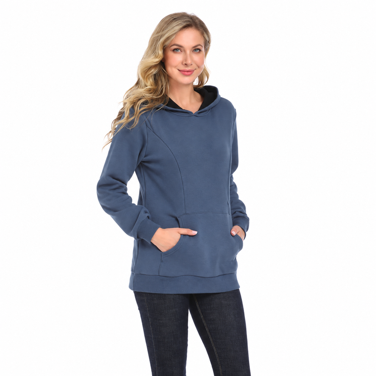 Blue maternity hoodie with kangaroo pocket and long sleeves for pregnancy by Mama's Dream