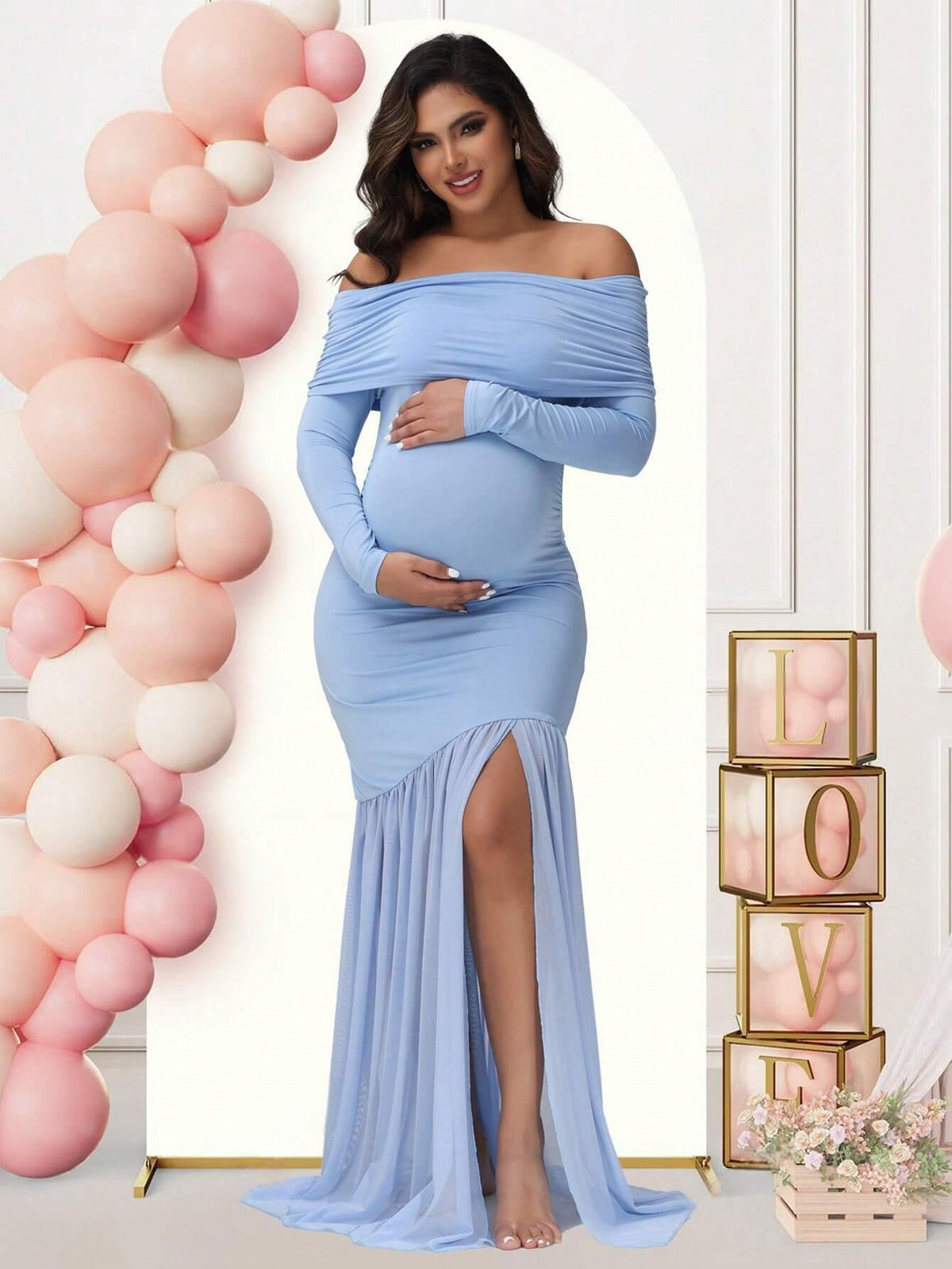 Light blue off shoulder maternity mermaid dress with long sleeves and front slit for pregnancy photoshoots by Mama's Dream
