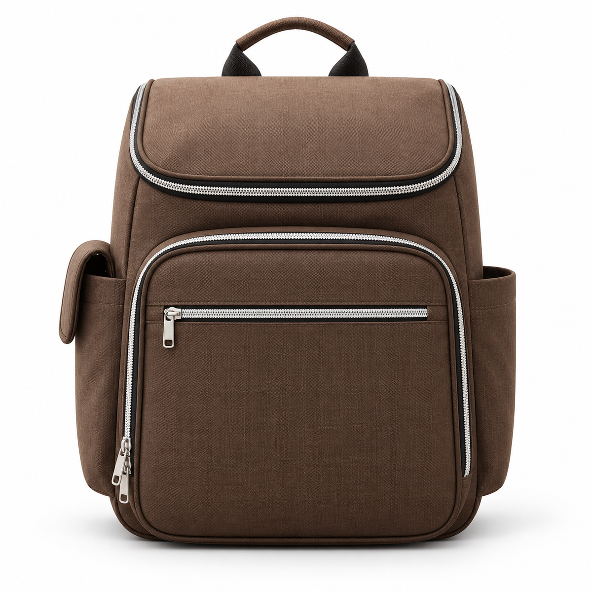 Brown diaper bag backpack with multiple zippered compartments and side pockets for baby essentials by Mama's Dream