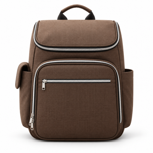 Brown diaper bag backpack with multiple zippered compartments and side pockets for baby essentials by Mama's Dream