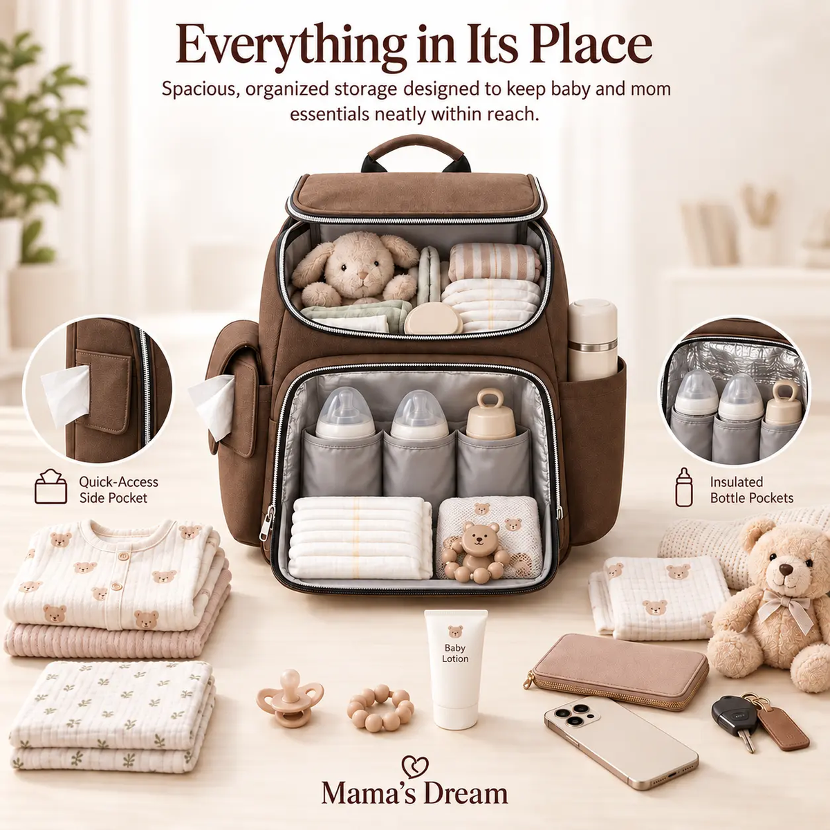 Brown diaper bag backpack with organized storage, insulated bottle pockets and quick access side pocket by Mama's Dream