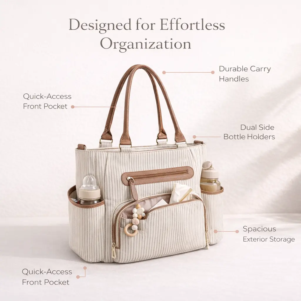 Diaper bag organizer with dual side bottle holders, quick-access front pockets and durable carry handles by Mama's Dream