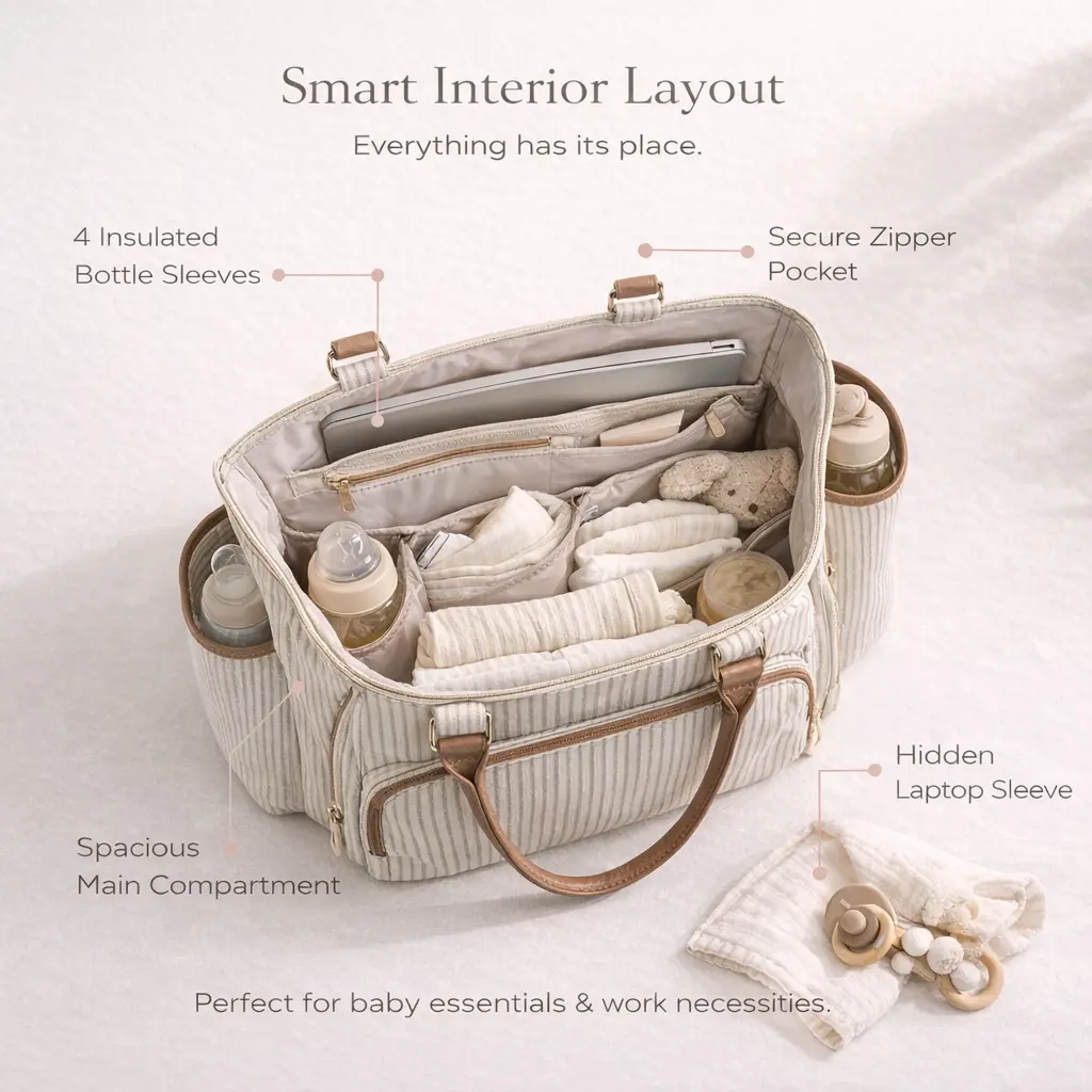 Open diaper bag organizer with insulated bottle pockets, spacious compartments and laptop sleeve by Mama's Dream