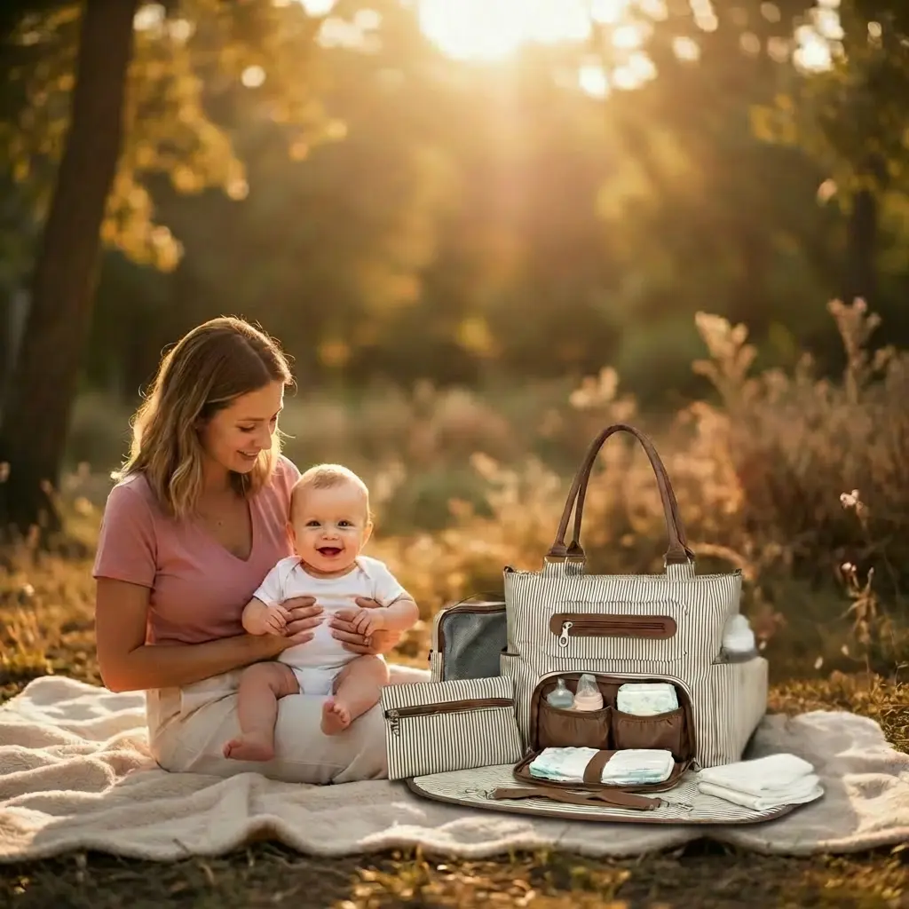 Mother with baby beside a diaper bag set with changing pad, bottle pockets and organizers outdoors by Mama's Dream