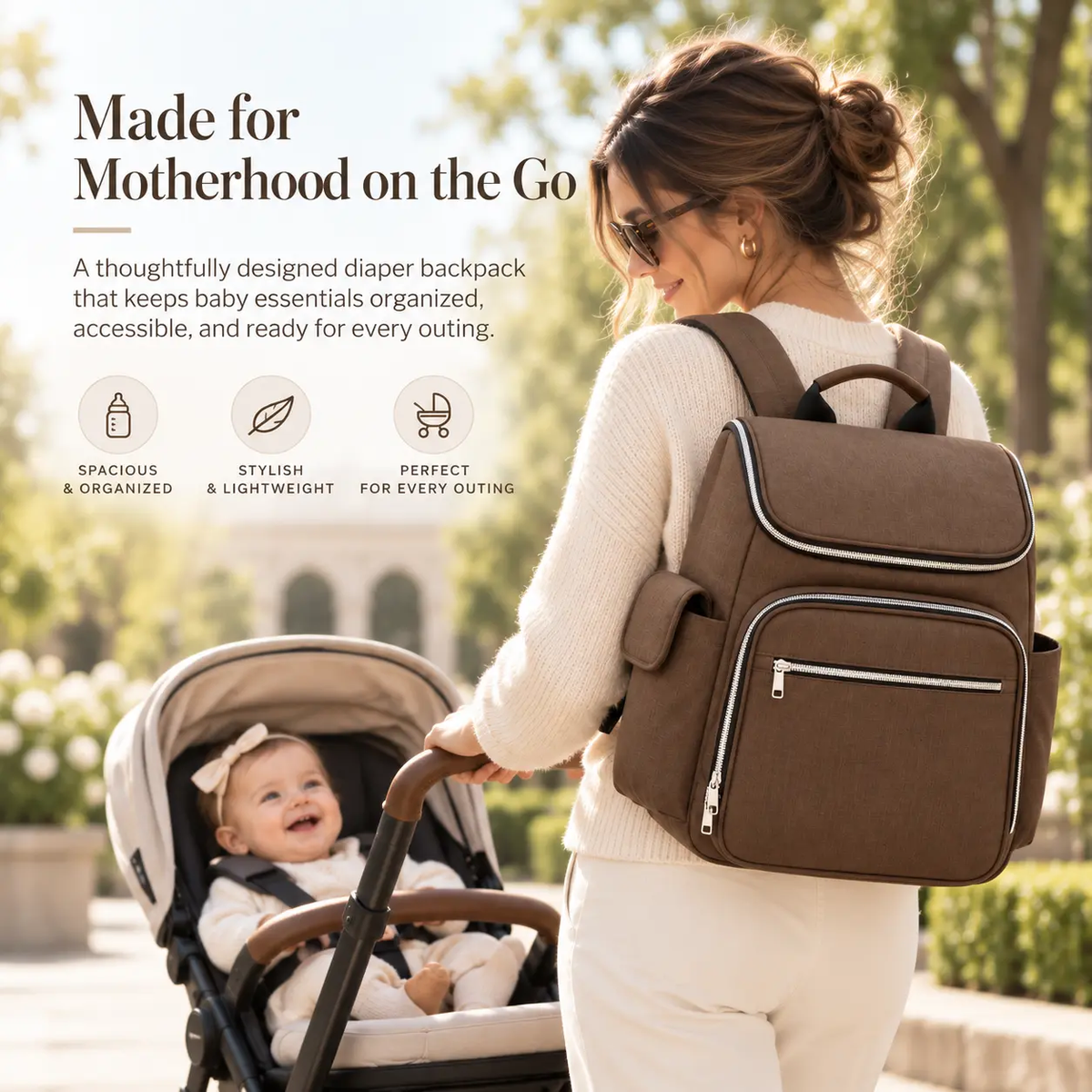 Brown diaper bag backpack for moms with spacious storage and lightweight design for baby outings by Mama's Dream