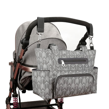8 piece diaper bag set with insulated bottle pockets attached to a stroller in a stylish gray pattern.