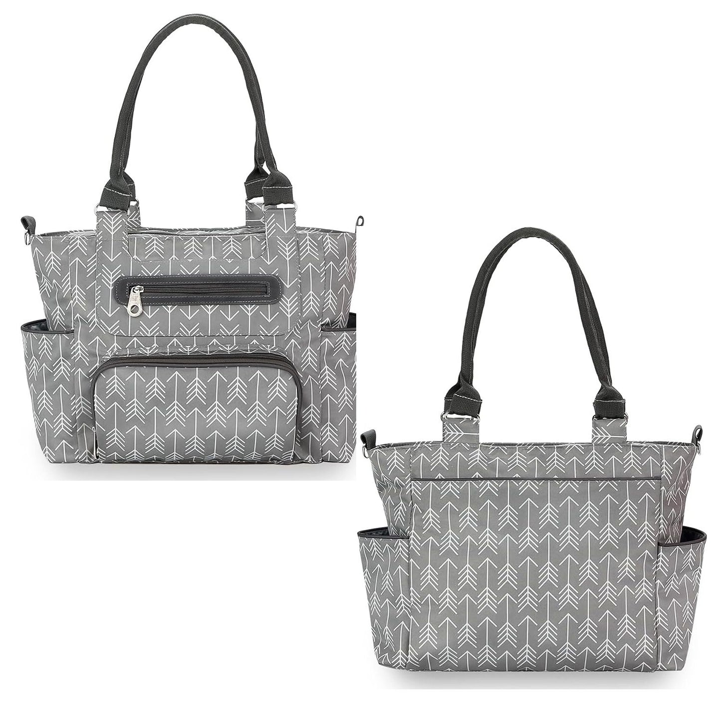 8 piece diaper bag set featuring a stylish gray design with multiple pockets for organization and insulated bottle pockets.