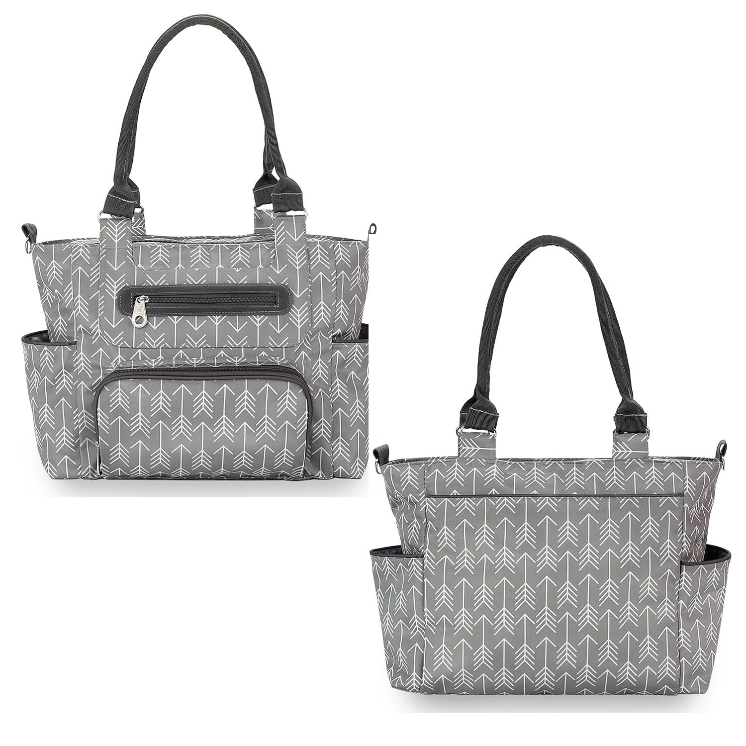8 piece diaper bag set featuring a stylish gray design with multiple pockets for organization and insulated bottle pockets.