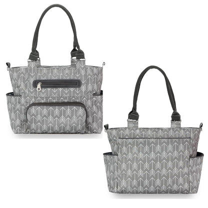 8 piece diaper bag set featuring a stylish gray design with multiple pockets for organization and insulated bottle pockets.