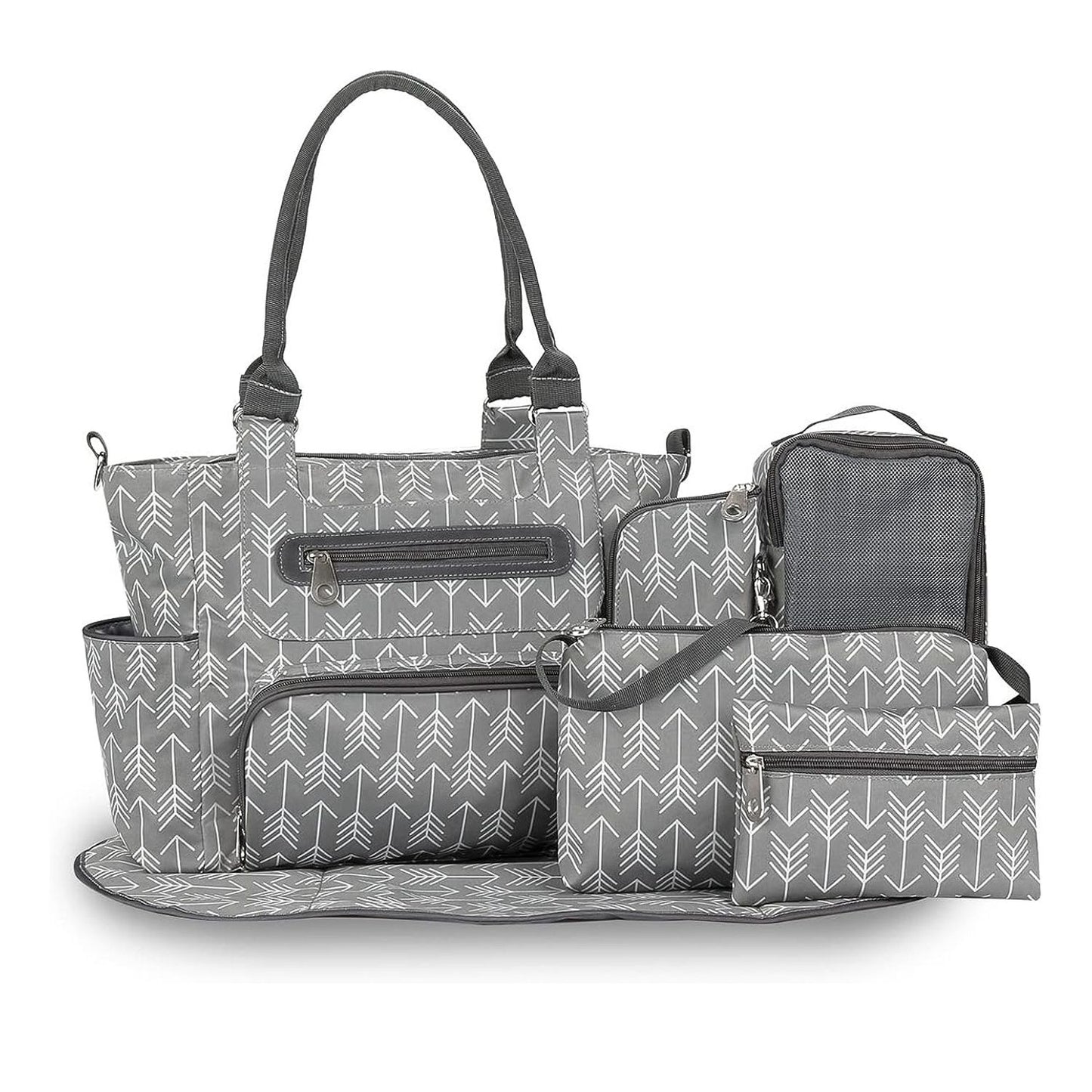 8 piece diaper bag set featuring stylish gray arrow pattern with multiple pockets and insulated bottle holder.