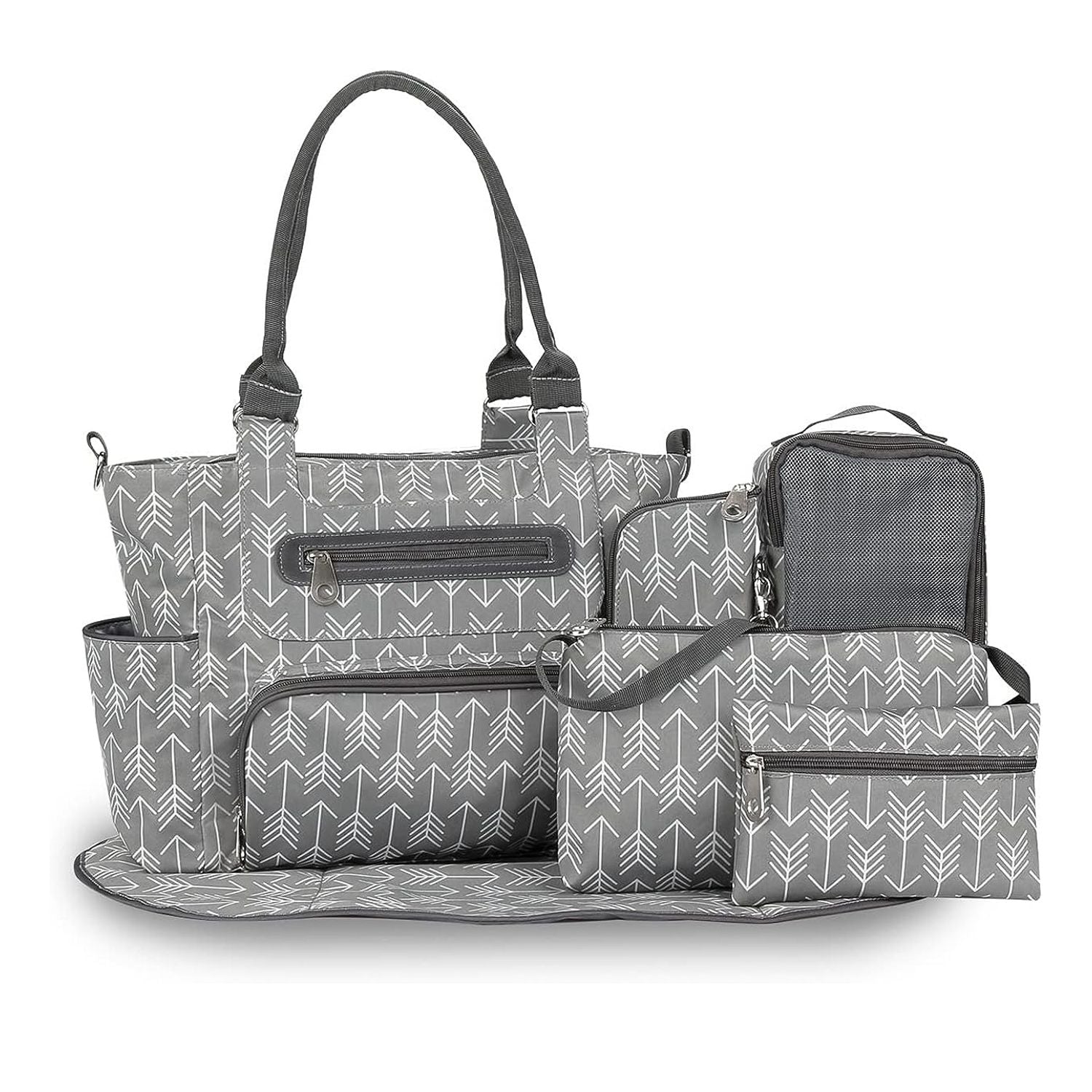 8 piece diaper bag set featuring stylish gray arrow pattern with multiple pockets and insulated bottle holder.