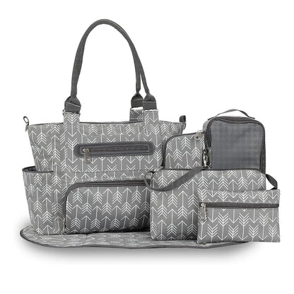 8 piece diaper bag set featuring stylish gray arrow pattern with multiple pockets and insulated bottle holder.