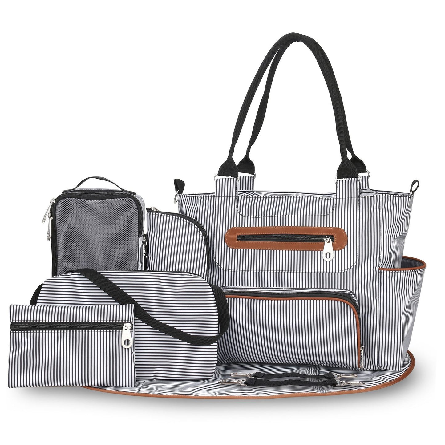 8 piece diaper bag set featuring insulated bottle pockets and multiple stylish storage bags.