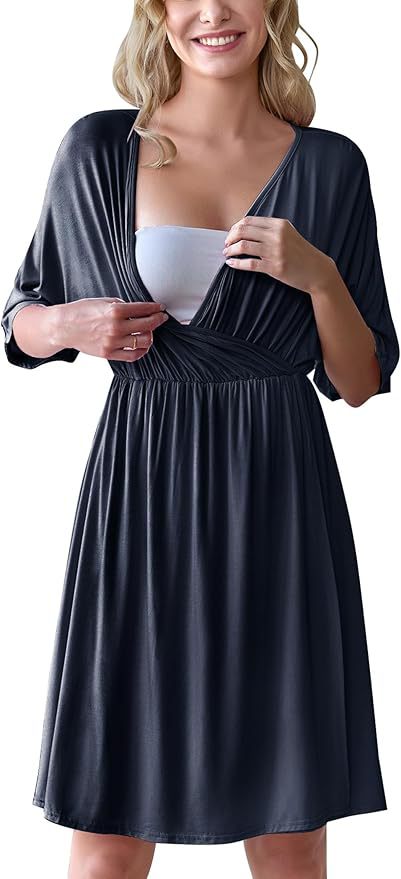V-Neck Maternity & Nursing Wrap Dress with Kimono Sleeves