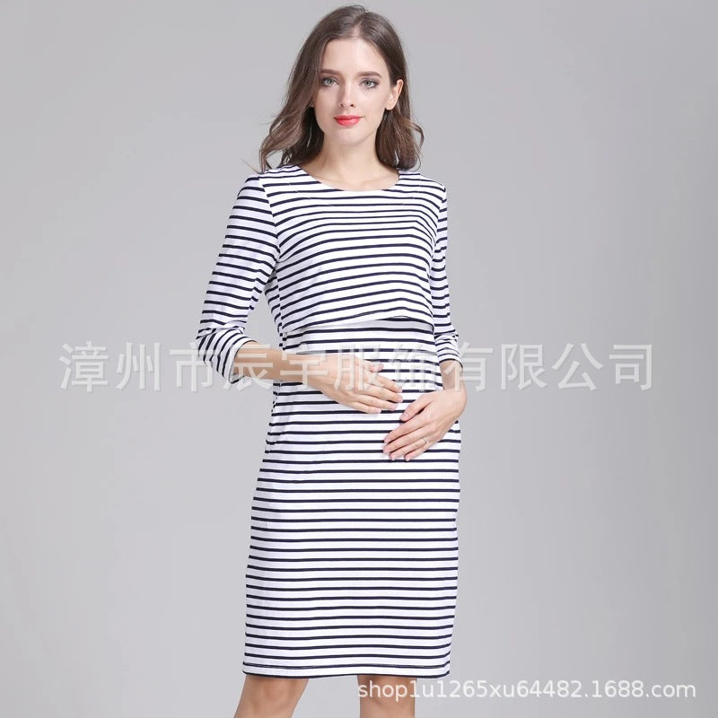 Spring and Autumn slimming mid-sleeved maternity wear, pure cotton striped upward-lifting postpartum lactation dress, large-sized women's wear
