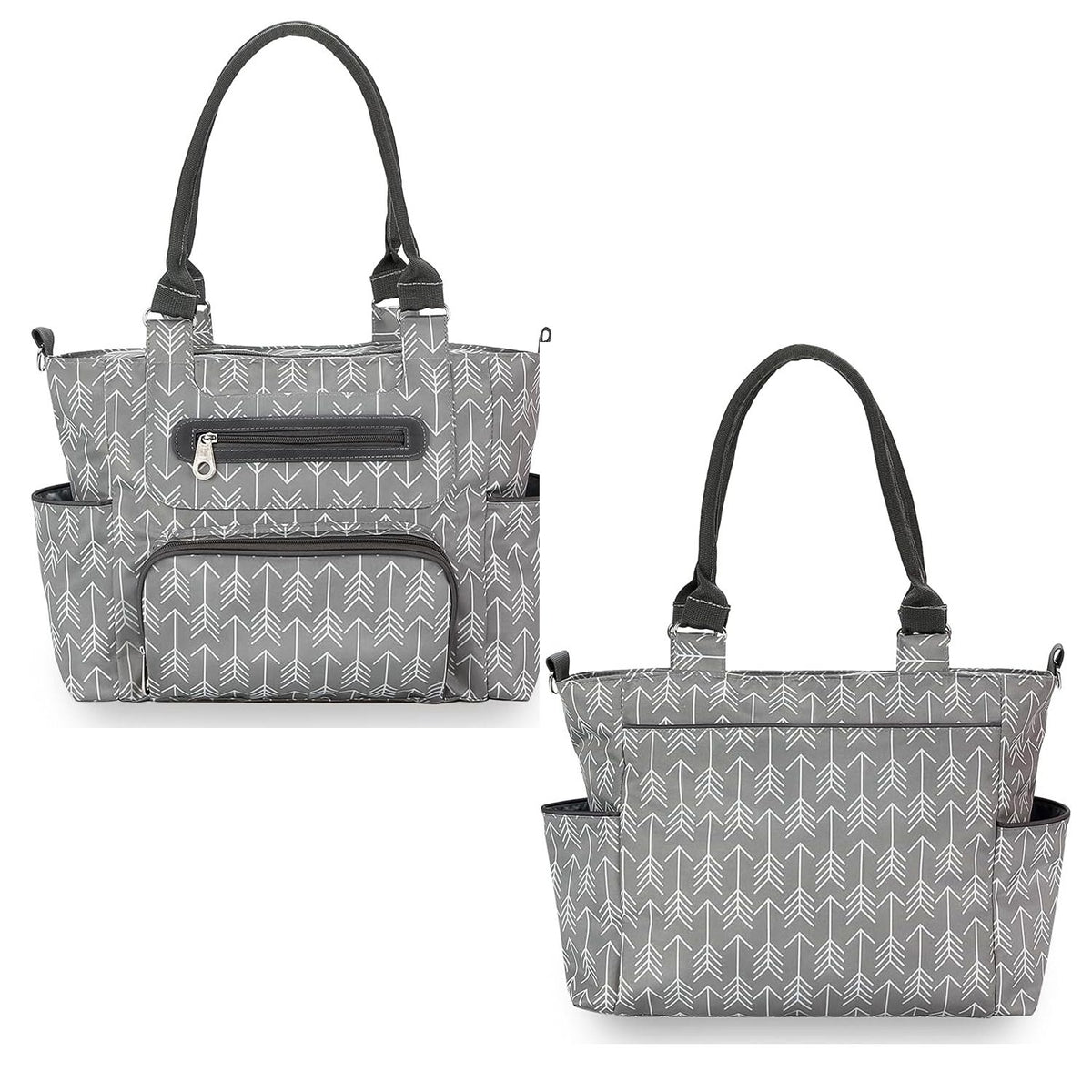 Gray diaper bag shown from front and back with multiple exterior storage pockets and carry handles by Mama's Dream