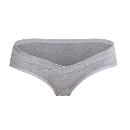 Gray maternity underwear with a crossover waistband that sits below the belly, shown on a white background by Mama's Dream
