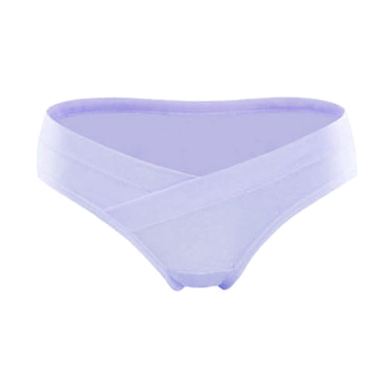 Lavender maternity underwear with a crossover waistband designed to sit below the belly, shown on a white background by Mama's Dream