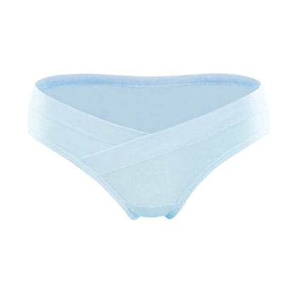 Light blue maternity underwear with a crossover waistband that sits below the belly, shown on a white background by Mama's Dream