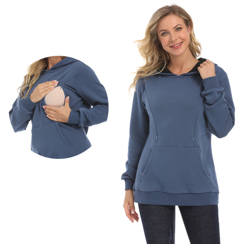 Blue maternity nursing hoodie with breastfeeding access and kangaroo pocket by Mama's Dream