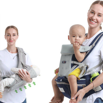 Mother demonstrating a multi-position baby carrier with hip seat in cradle and front carry positions by Mama's Dream