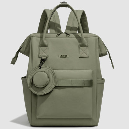 Olive green convertible diaper bag backpack with top handles, side pockets and front storage compartment by Mama's Dream