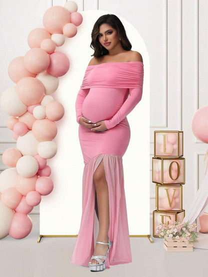 Pink off shoulder maternity mermaid dress with long sleeves and front slit for pregnancy photoshoots by Mama's Dream