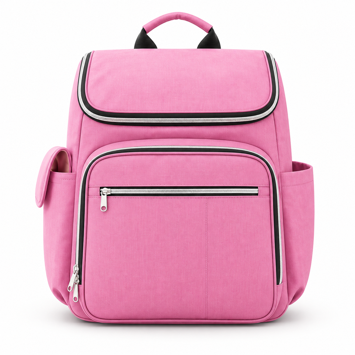 Pink diaper bag backpack with multiple zippered compartments and side pockets for baby essentials by Mama's Drea