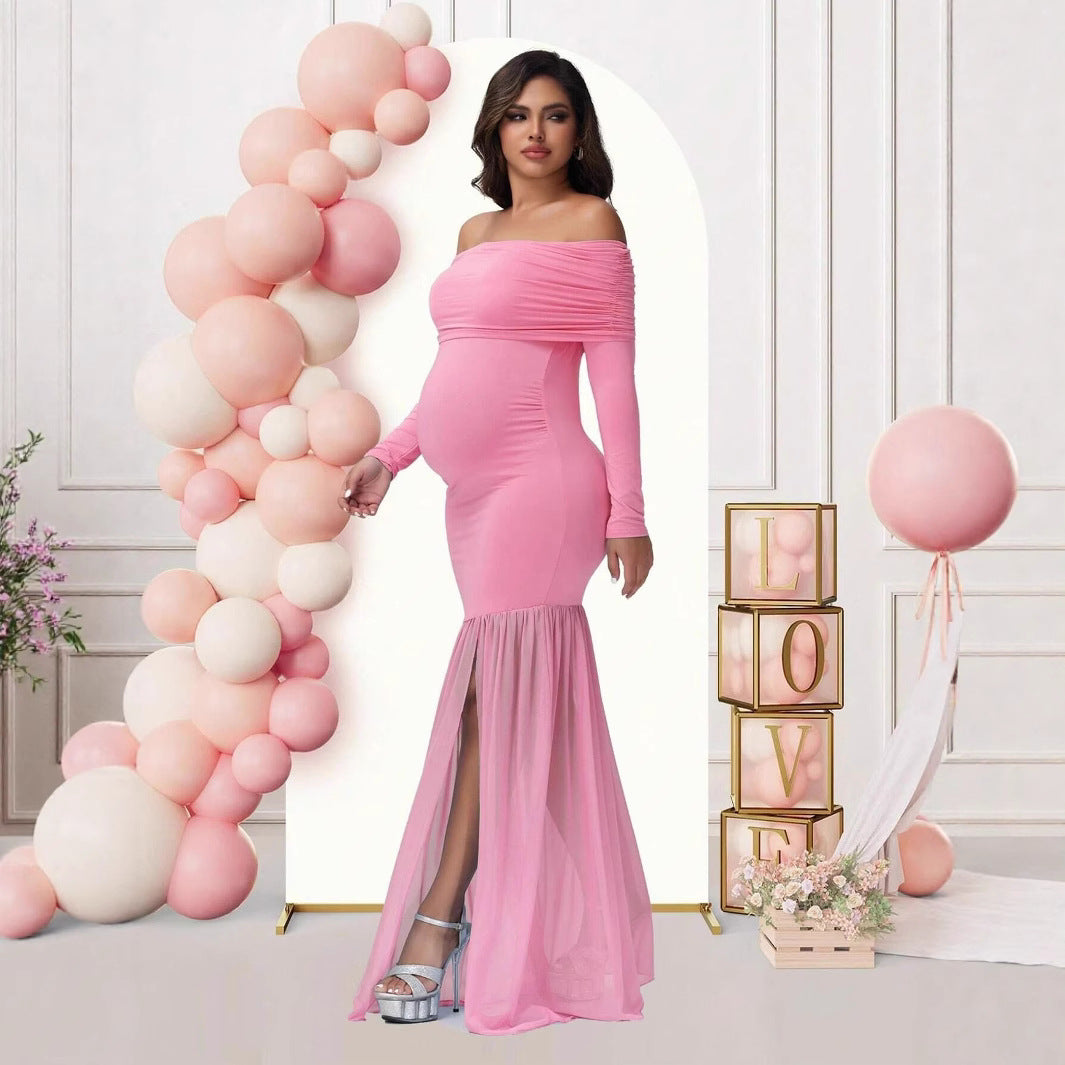 Pink off shoulder maternity mermaid dress with long sleeves and front slit for pregnancy photoshoots by Mama's Dream