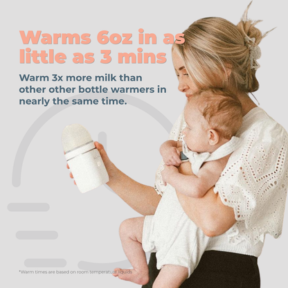 Mother holding her baby and a portable bottle warmer, with text about warming time by Mama's Dream