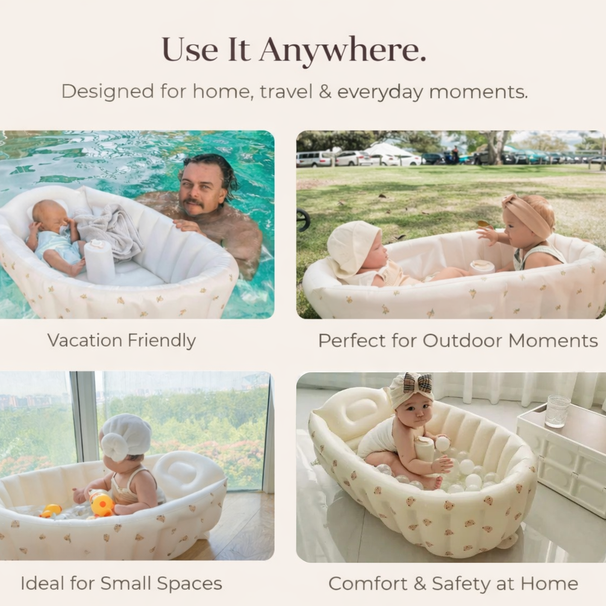 Portable inflatable baby bathtub for use at home, while traveling and during outdoor family activities by Mama's Dream