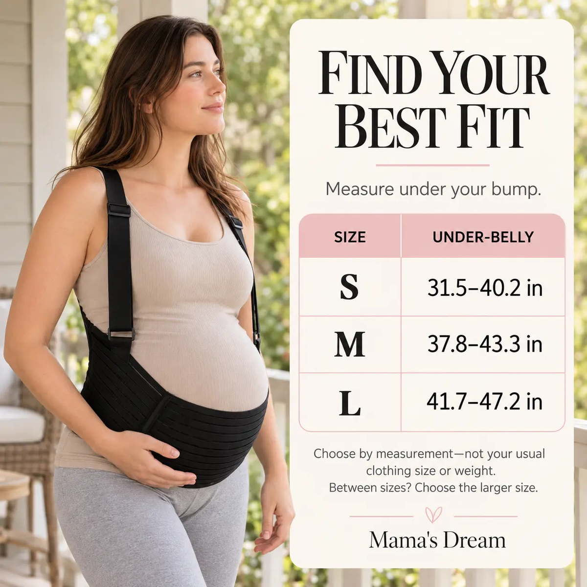 Pregnancy support belt size guide with under-belly measurements in inches and a pregnant woman wearing a black belt by Mama's Dream