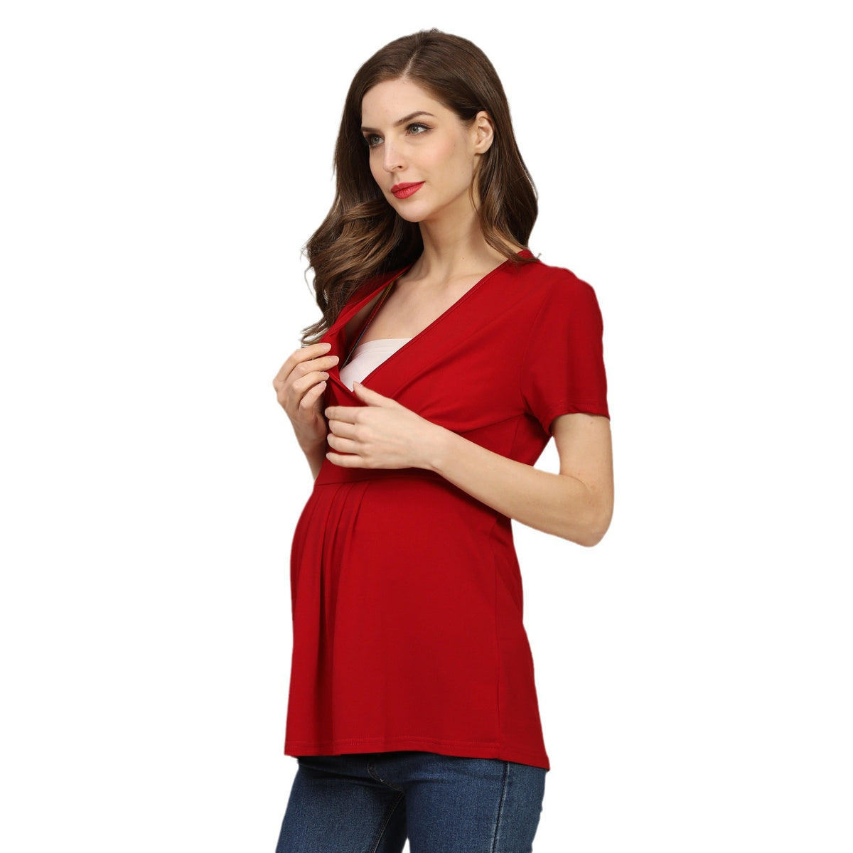 Red maternity nursing top with wrap front and breastfeeding access by Mama's Dream