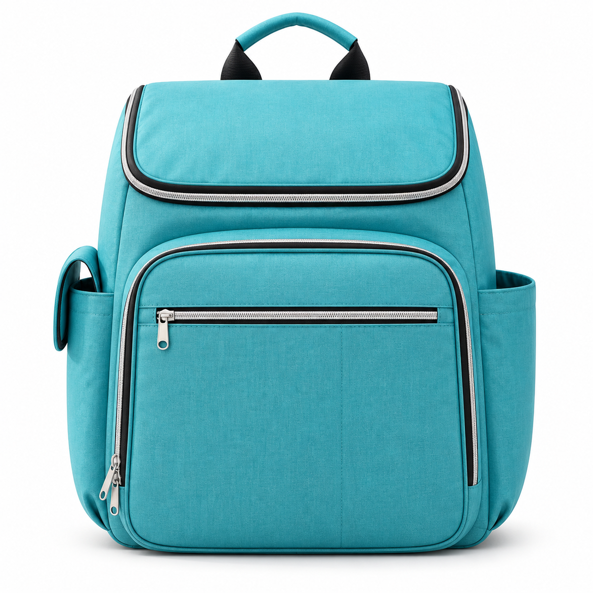 Turquoise diaper bag backpack with multiple zippered compartments and side pockets for baby essentials by Mama's Dream