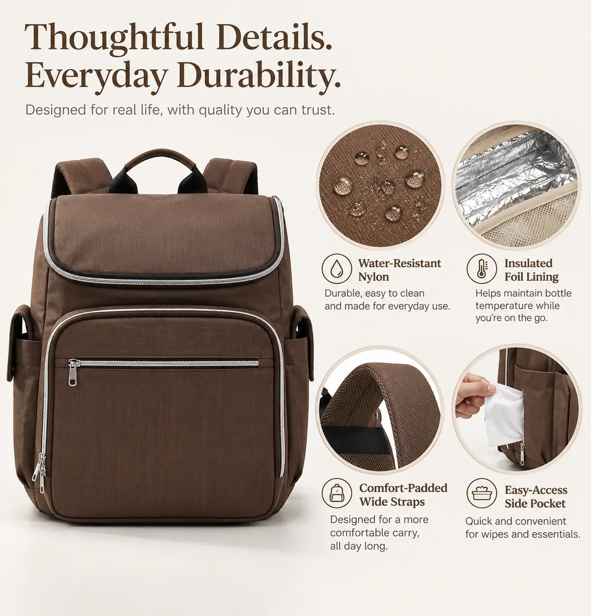 Brown water resistant diaper bag backpack with insulated lining, padded straps and easy access side pocket by Mama's Dream
