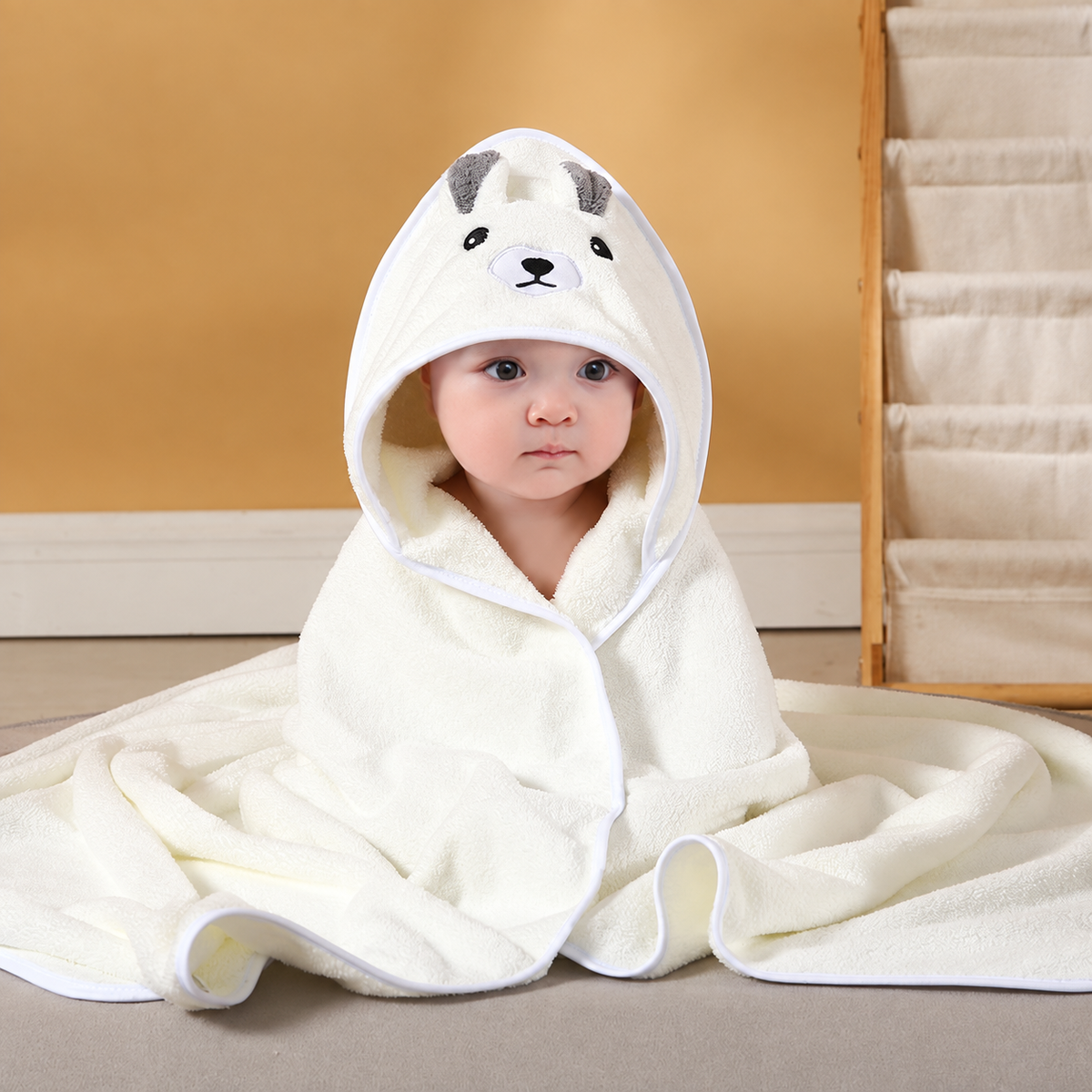 Baby wrapped in a soft white hooded bath towel with an embroidered bear design by Mama's Dream