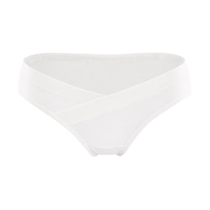 White maternity underwear with a crossover waistband that sits below the belly, shown on a white background by Mama's Dream